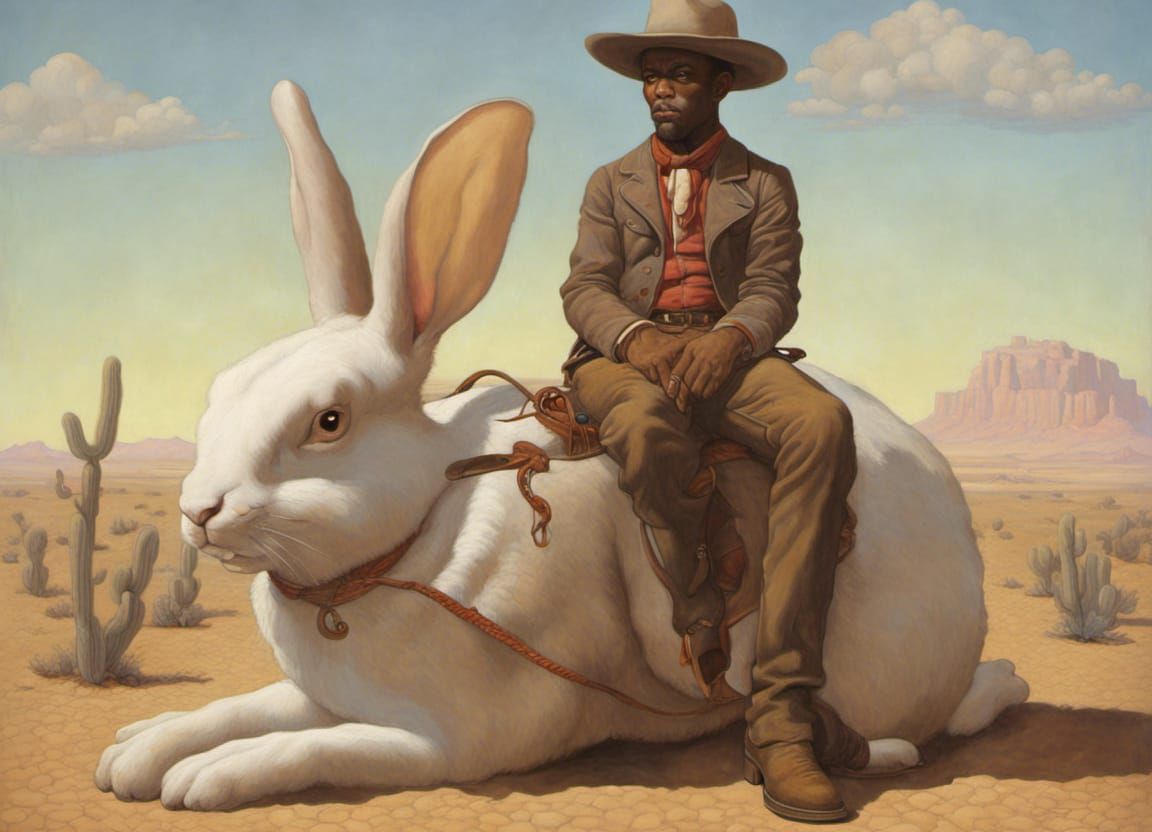 Cowboy sitting on giant rabbit in desert