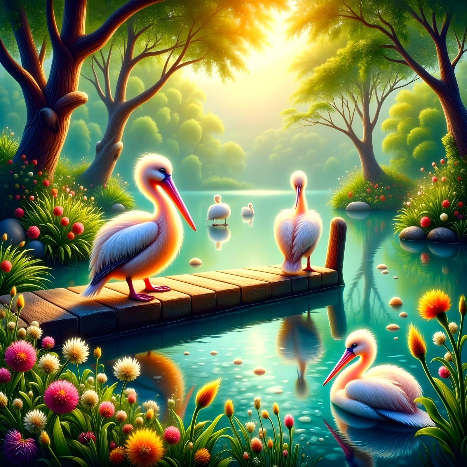 Serene Pelicans on a Wooden Jetty in a Majestic Lake Landsca...