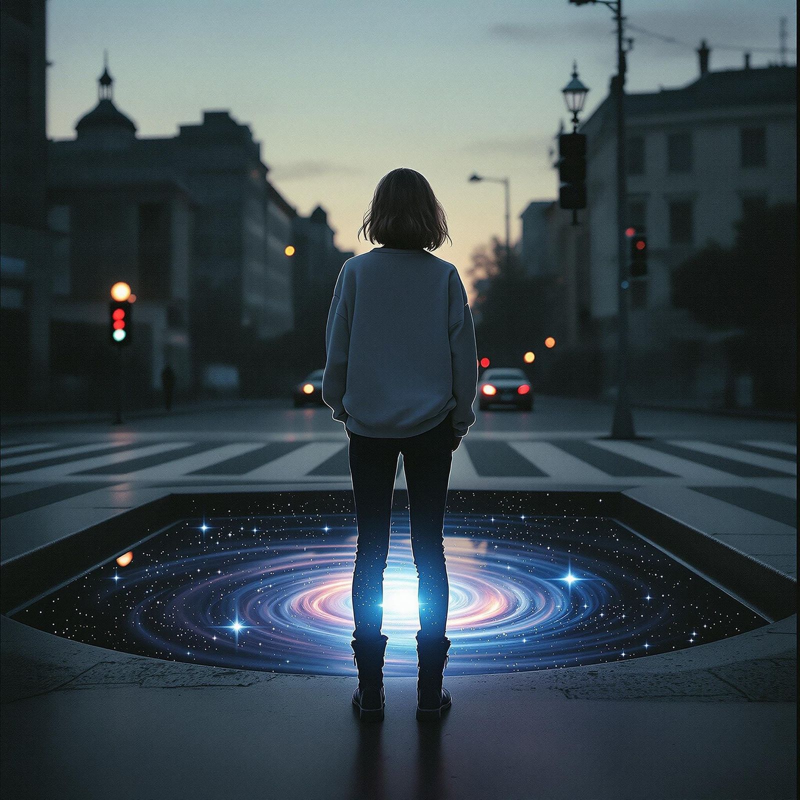 Woman at Twilight with Cosmic Portal, Vintage Film Style