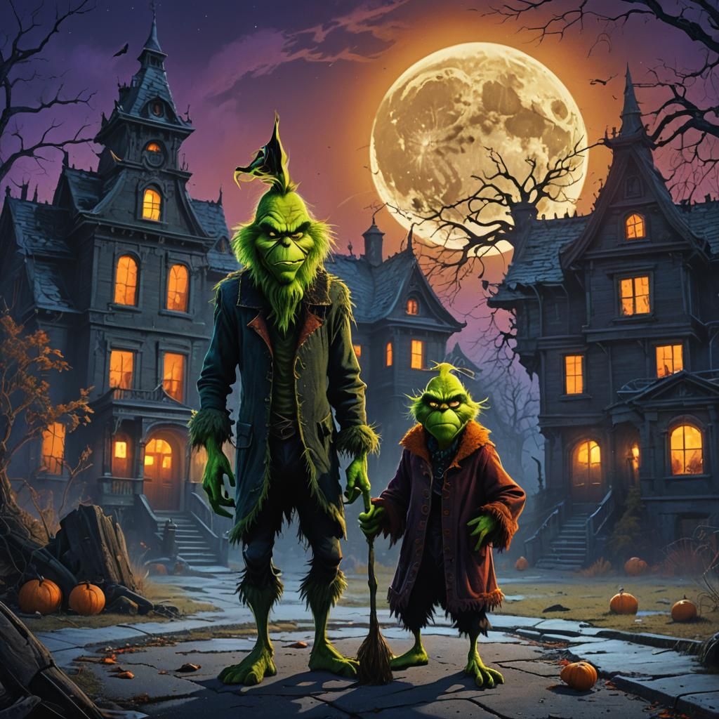 Terrifying Grinch in Dark Fantasy Landscape