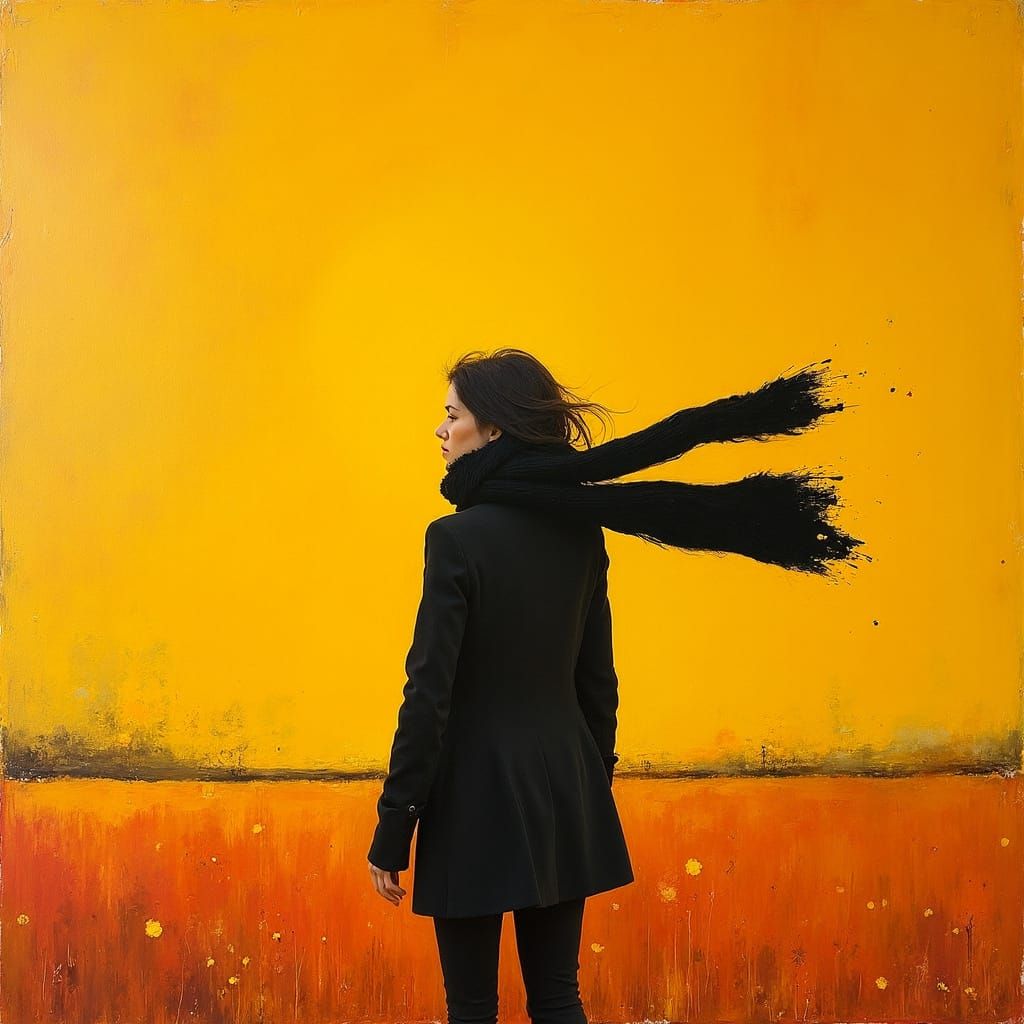 Confident Woman in Vibrant Void: A Mixed Media Oil Painting