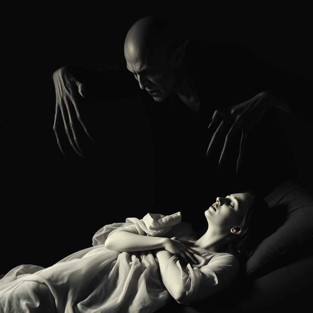 Nosferatu Scene: Vampire and Sleeping Woman