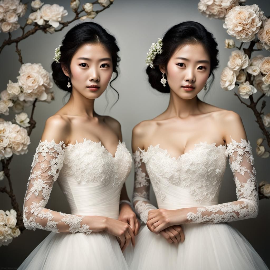 Elegant Japanese Sisters in Wedding Dresses
