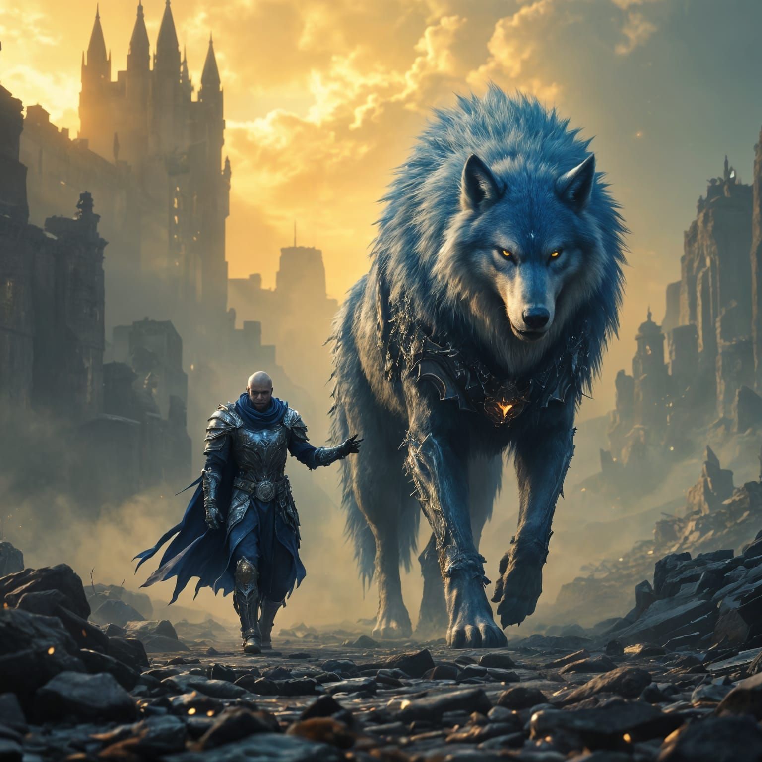 Warrior and Armored Wolf in Fantastical Battle Landscape