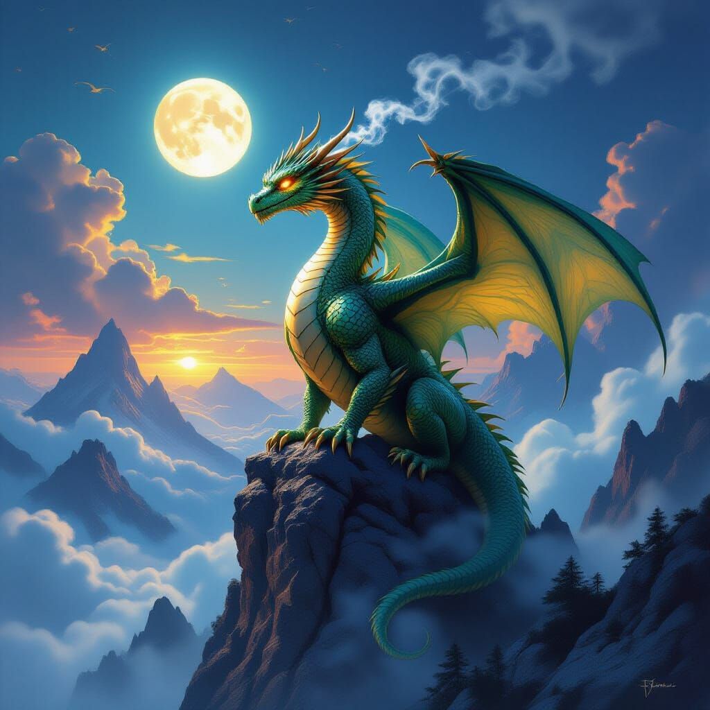 Majestic Dragon on Mountain Peak at Twilight