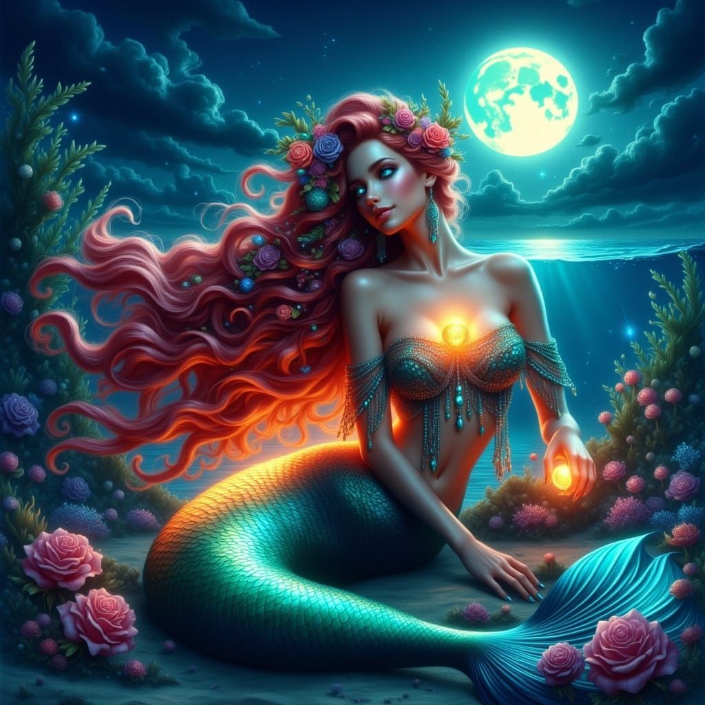 Glowing Mermaid on Cosmic Beach Fantasy Illustration