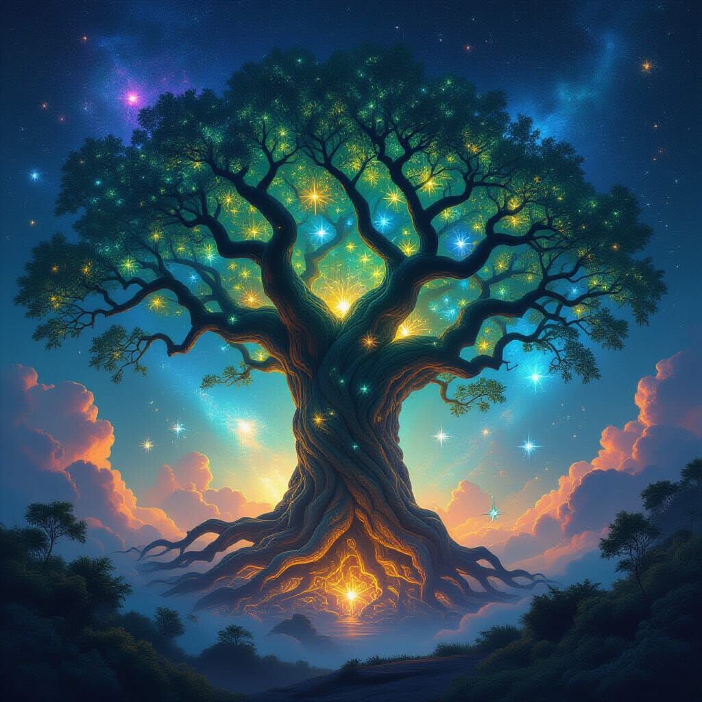 Ancient Bioluminescent Cosmic Tree in Digital Painting Style