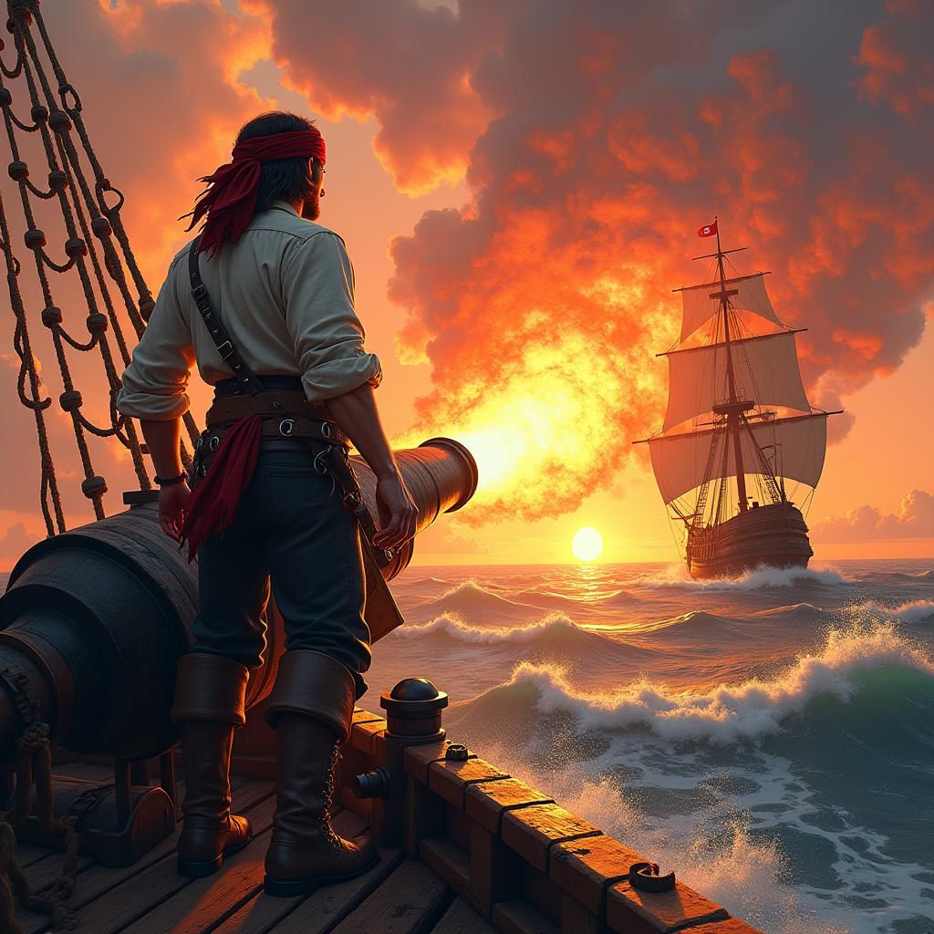 Pirate Ship Cannon Fire in Fantasy Concept Art Style