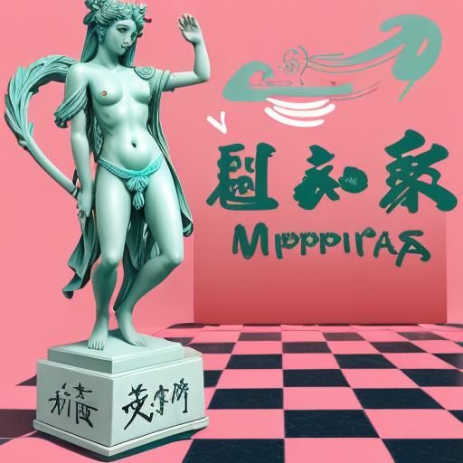 Teal Greek Sculpture with Kanji Art