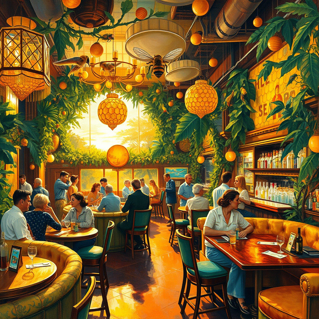 Honey Bee Dive Bar in Gouache Impressionist Style