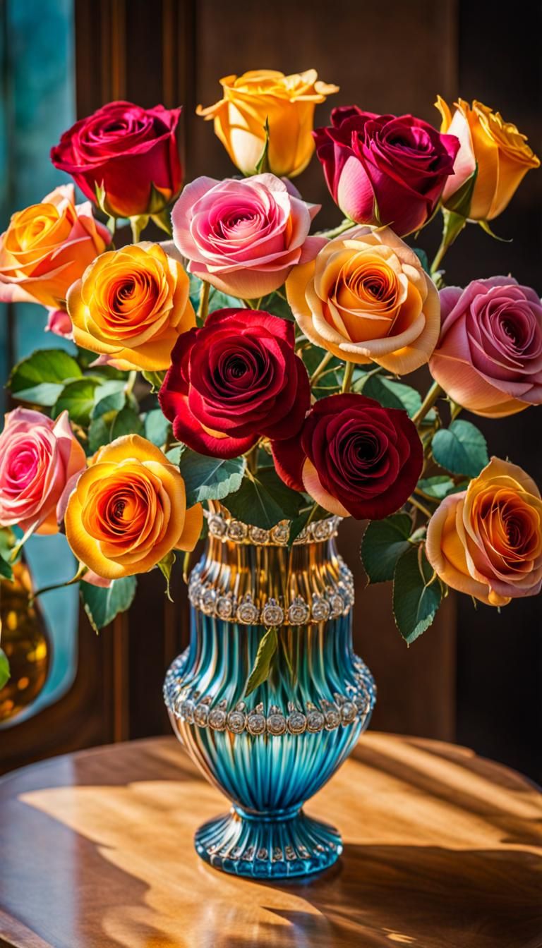 Roses in Tiffany Vase, Art Nouveau Style