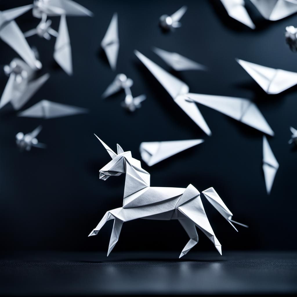 Origami Unicorn on Dark Table in Bladerunner Style