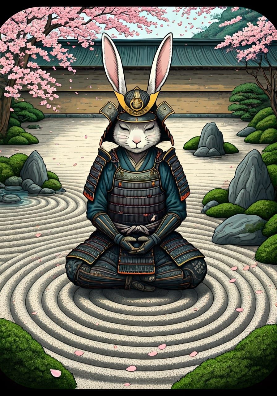 Serene Samurai Rabbit Meditates in Zen Garden