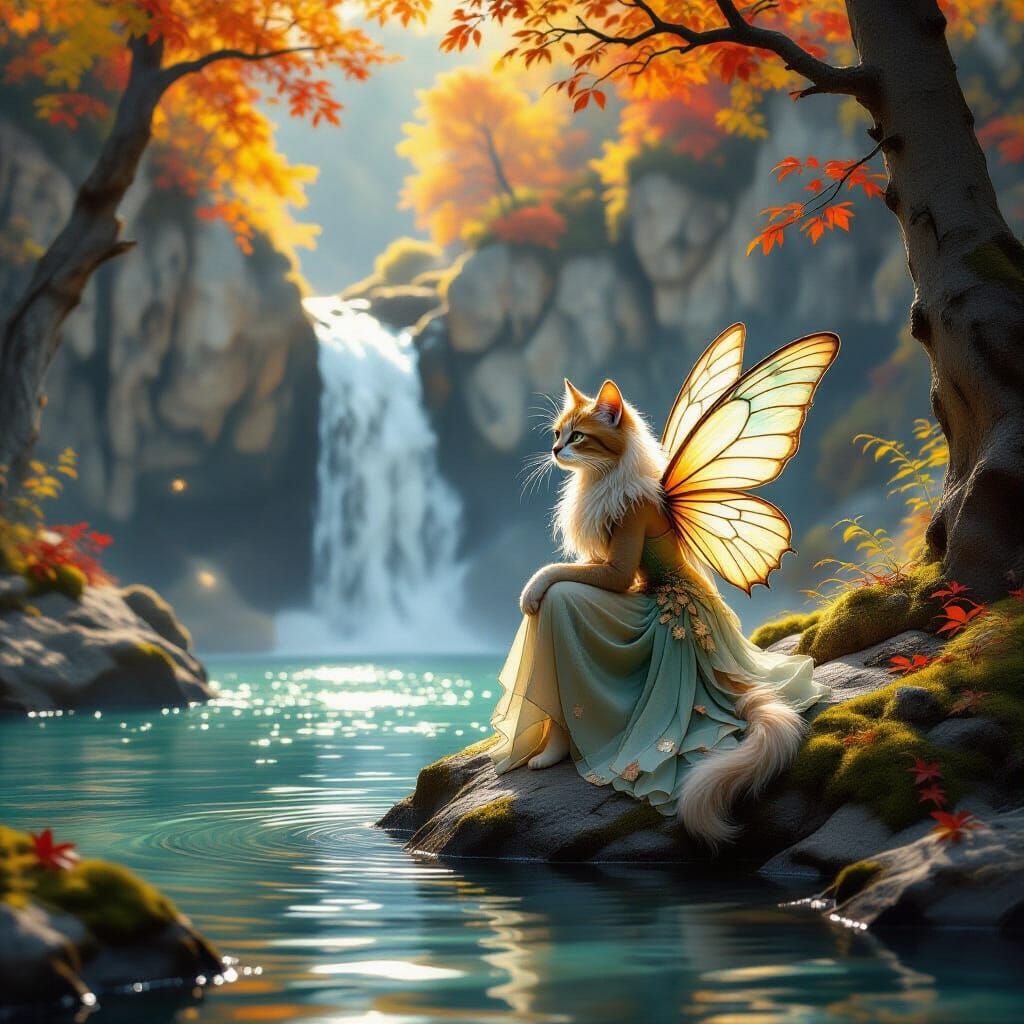 Cat Fairy by Autumn Waterfall in Yosemite