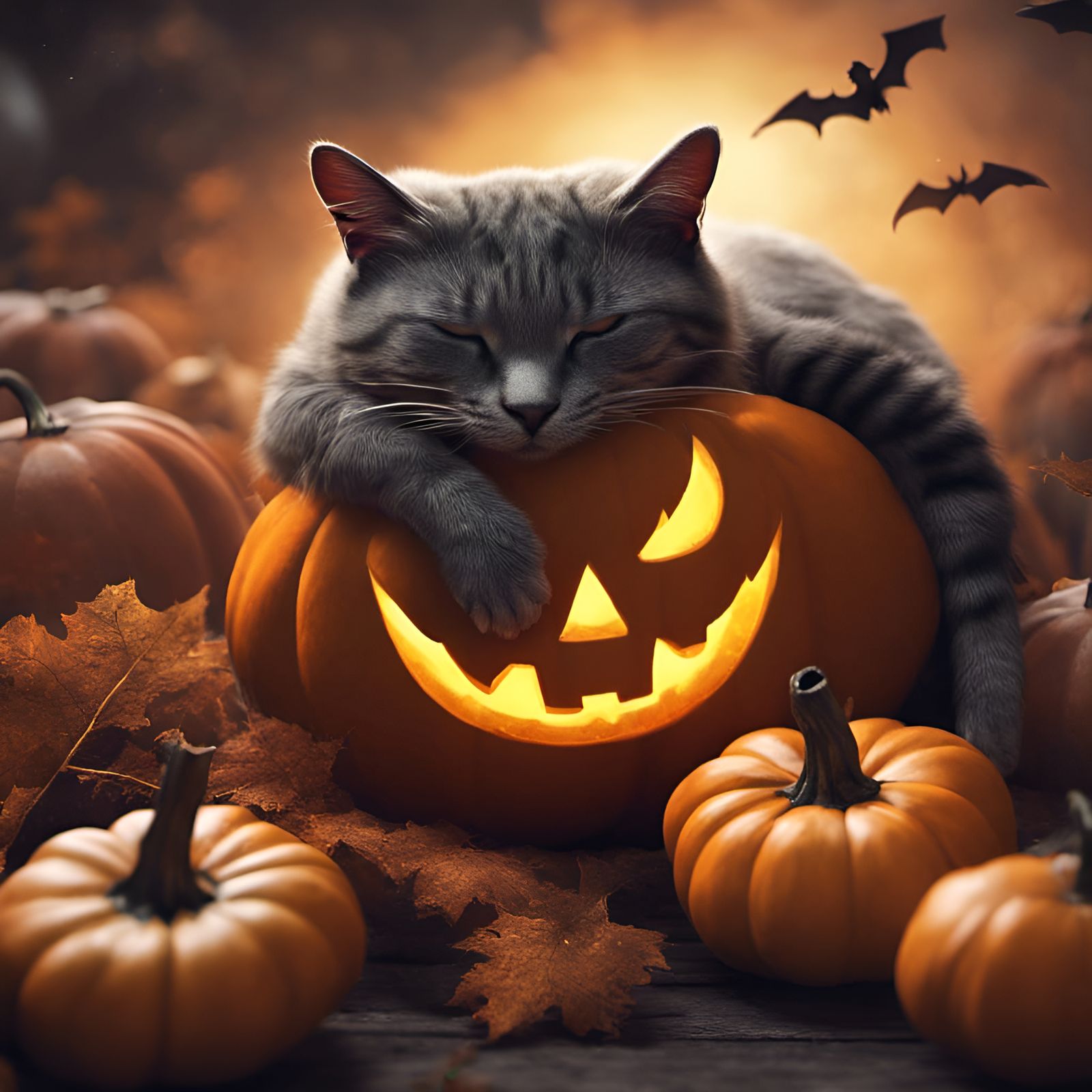 Cat Nap on Pumpkin: Halloween, Photo-Realistic