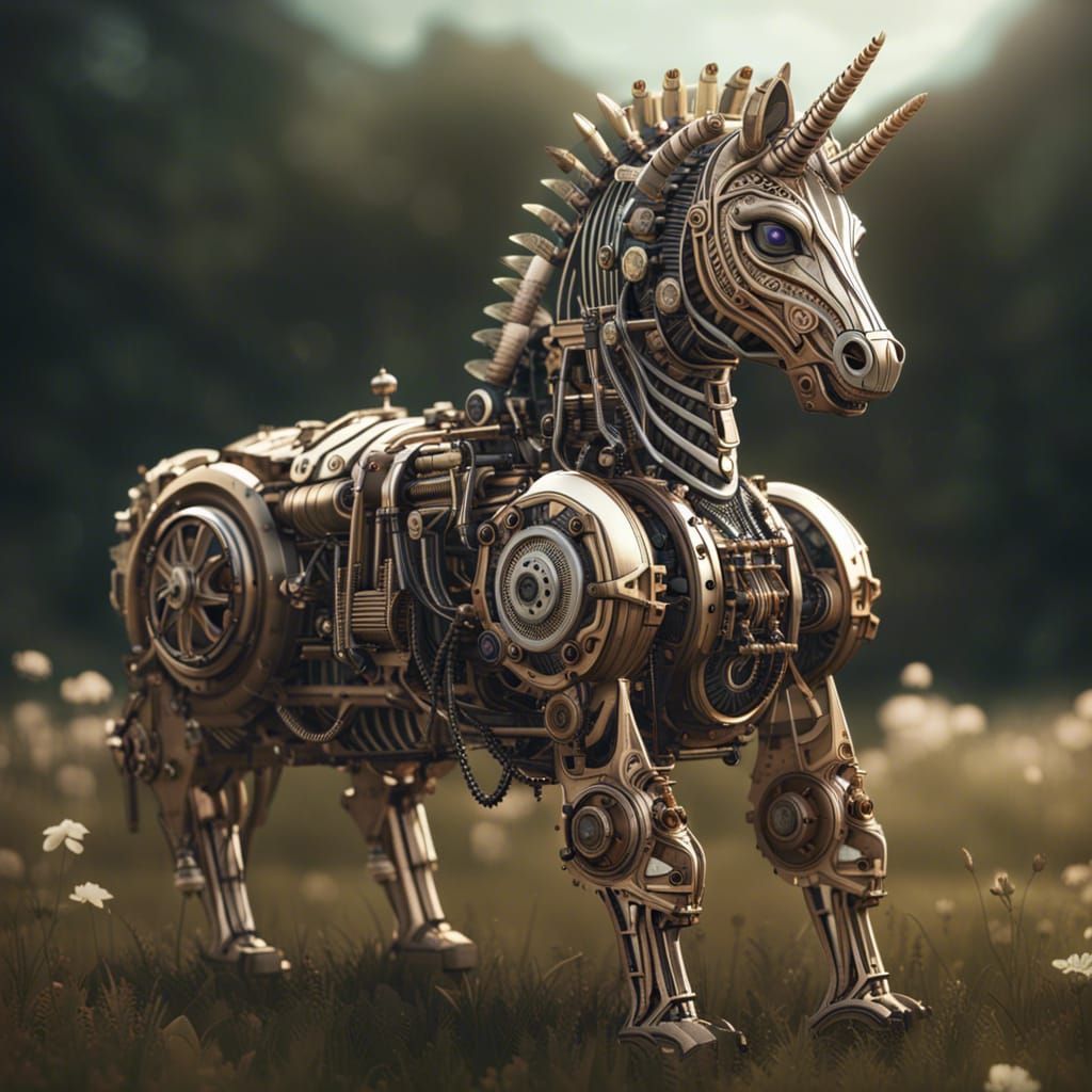 Steampunk Mech Unicorn Zebra in Field, Sci-Fi Art