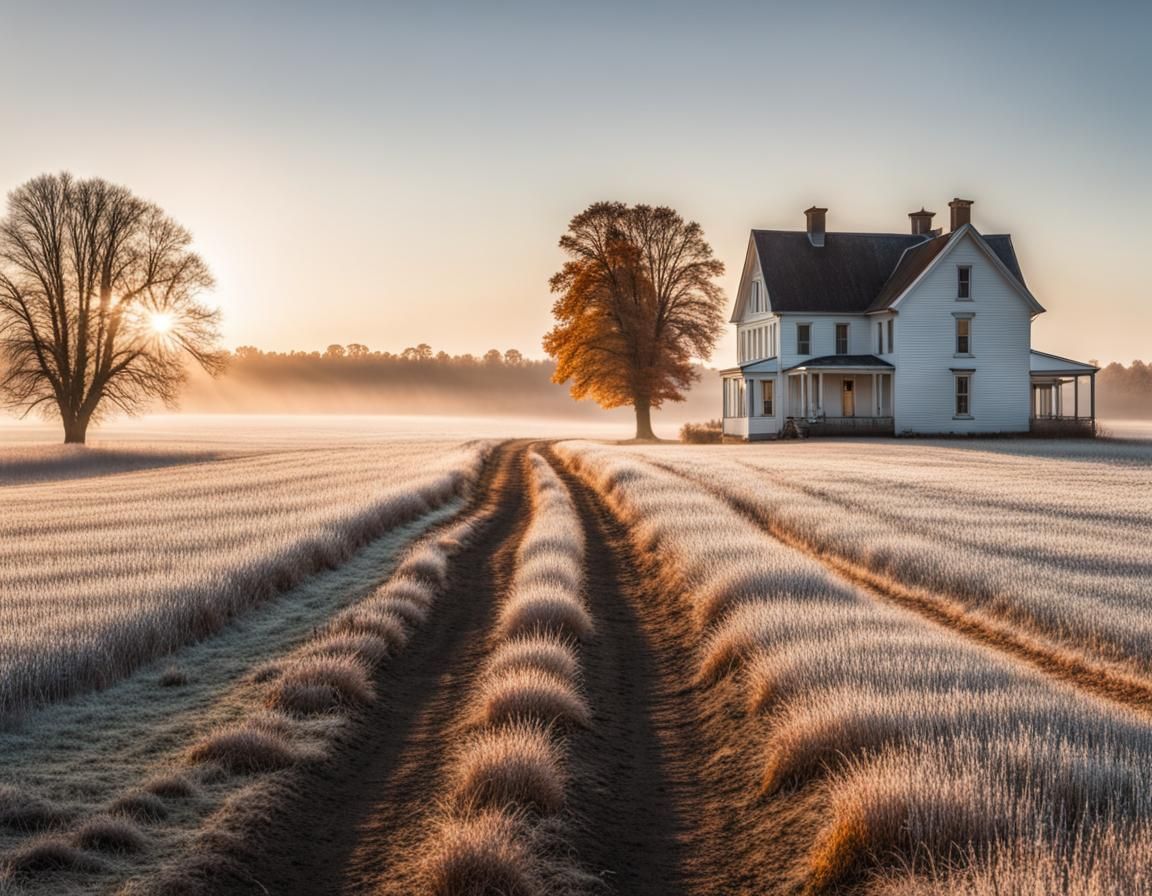 Frosty Sunrise Over Autumn Fields