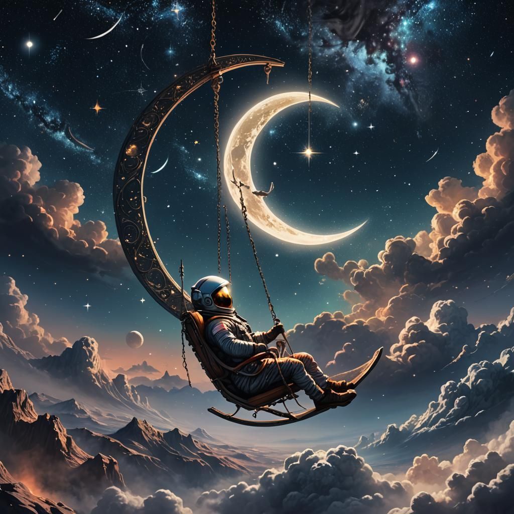 Astronaut on Moon Swing in Starry Space