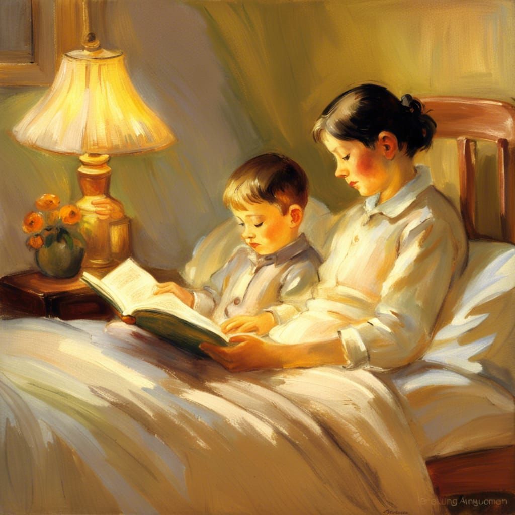 Heartwarming Impressionist Scene: Boy Reading with Grandmoth...