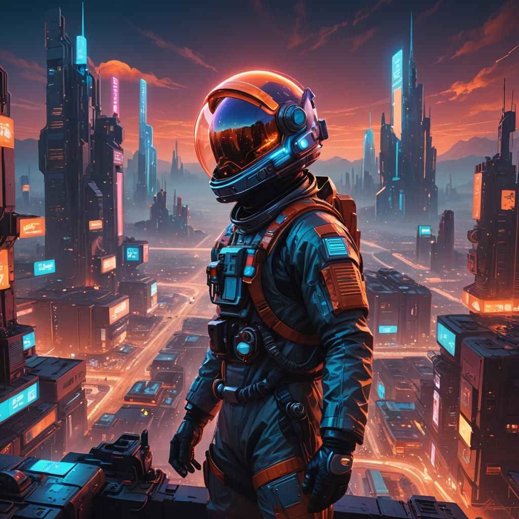 Astronaut Overlooking a Neon Martian Cityscape