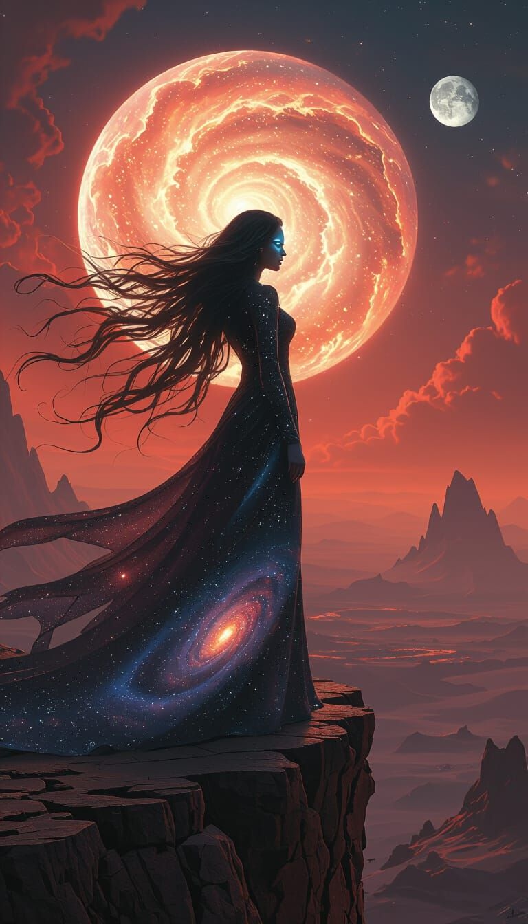 Spectral Woman Overlooking Alien Planet in Dark Fantasy Styl...