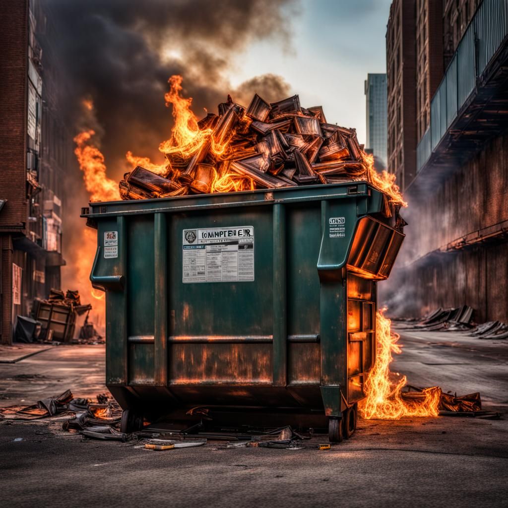 Hyperrealistic Dumpster Fire Cityscape in HDR
