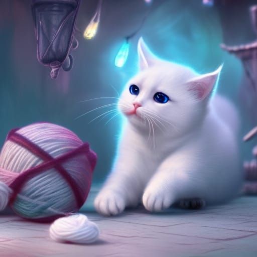 Adorable White Cat with Yarn in Fantasy Art Style