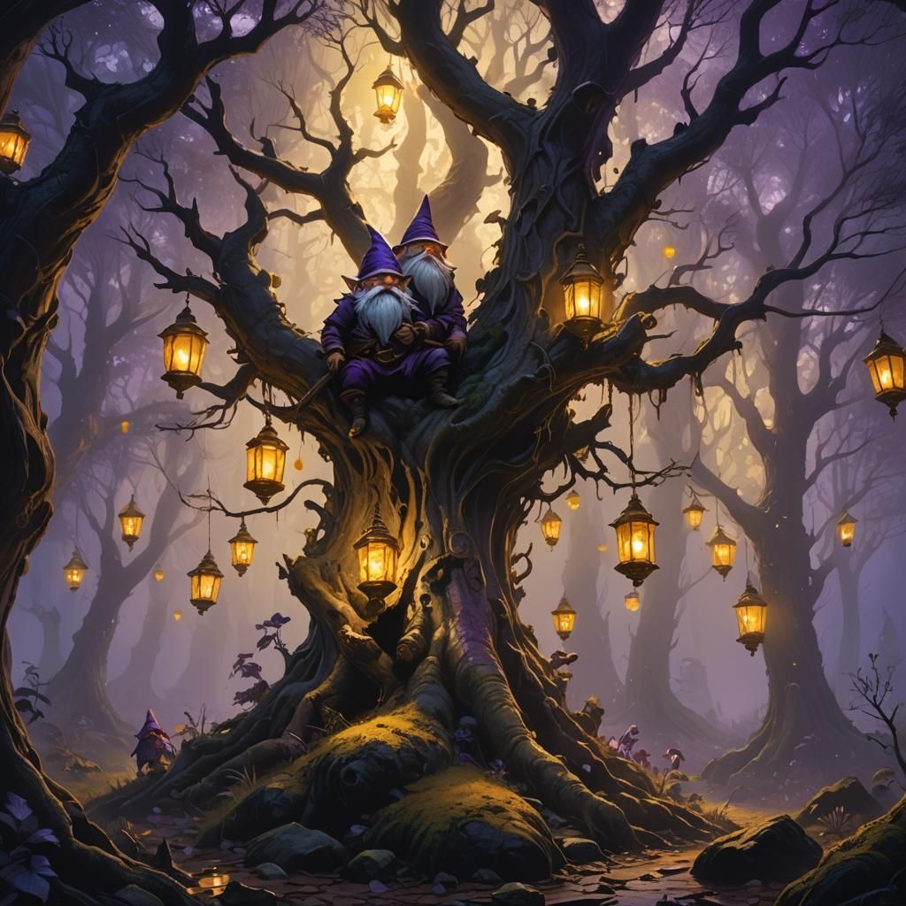 Gnomes in Misty Forest: Dark Fantasy Art