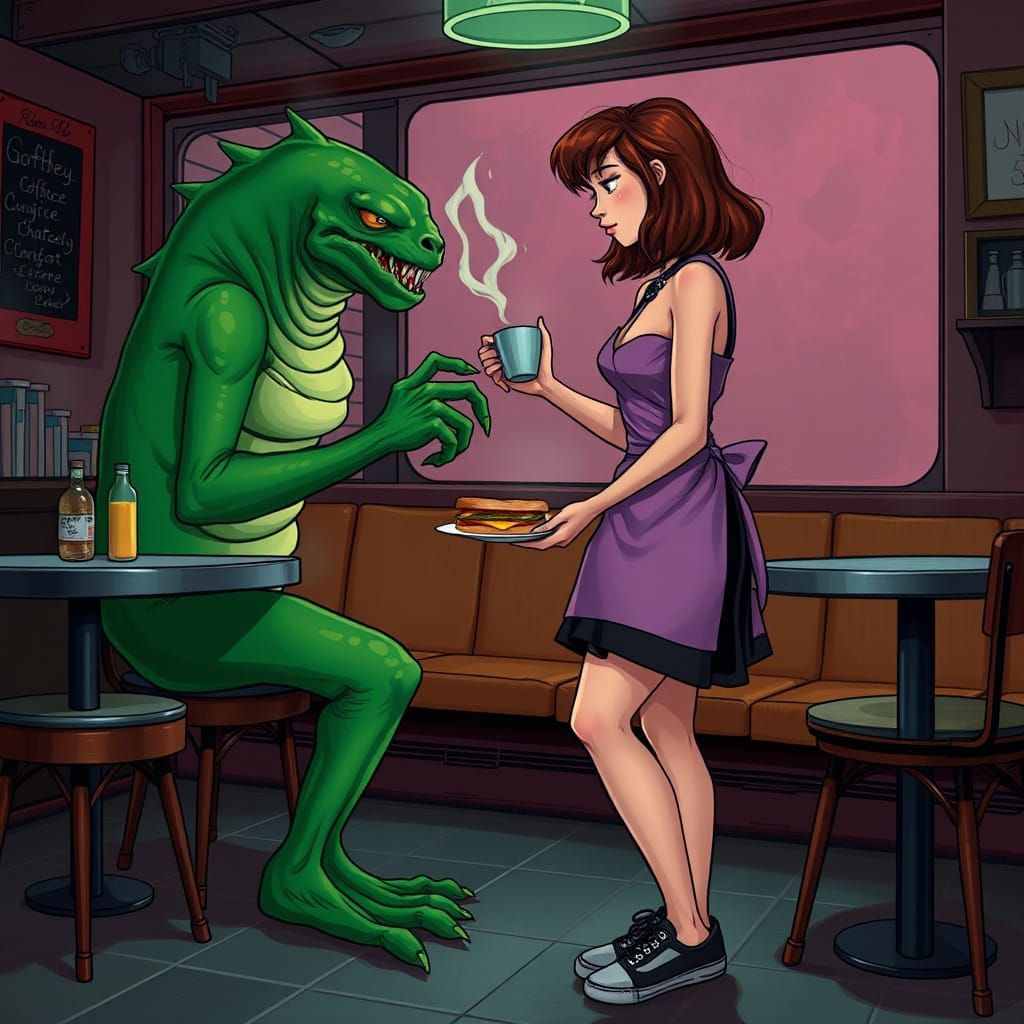 Waitress Serves Green Monster in Retro Cafe