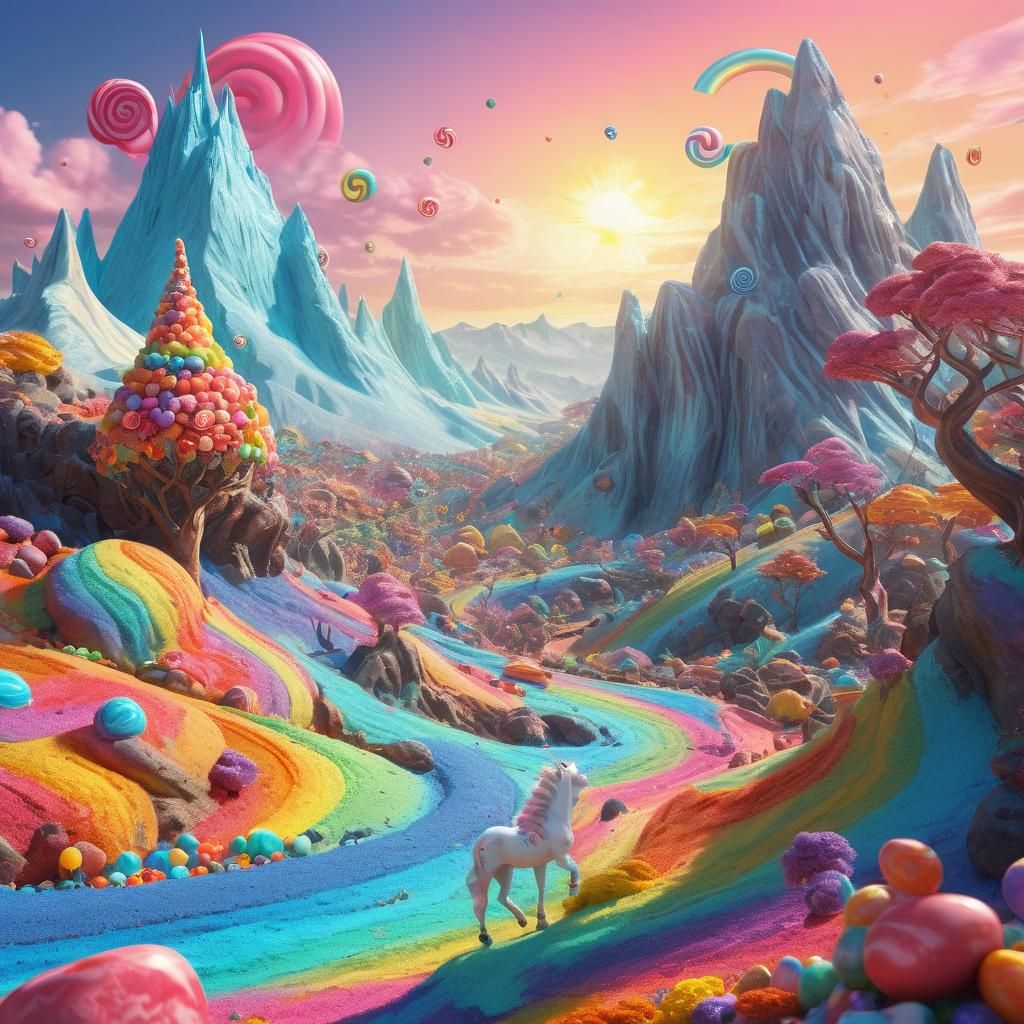 Candy Mountain Unicorn in Fantasy Landscape