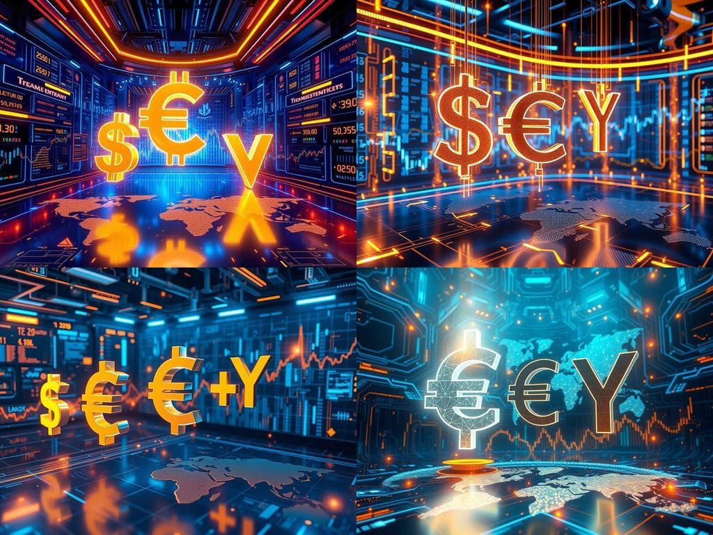 Sleek Futuristic Hub with Radiant Currency Symbols in Neon D...