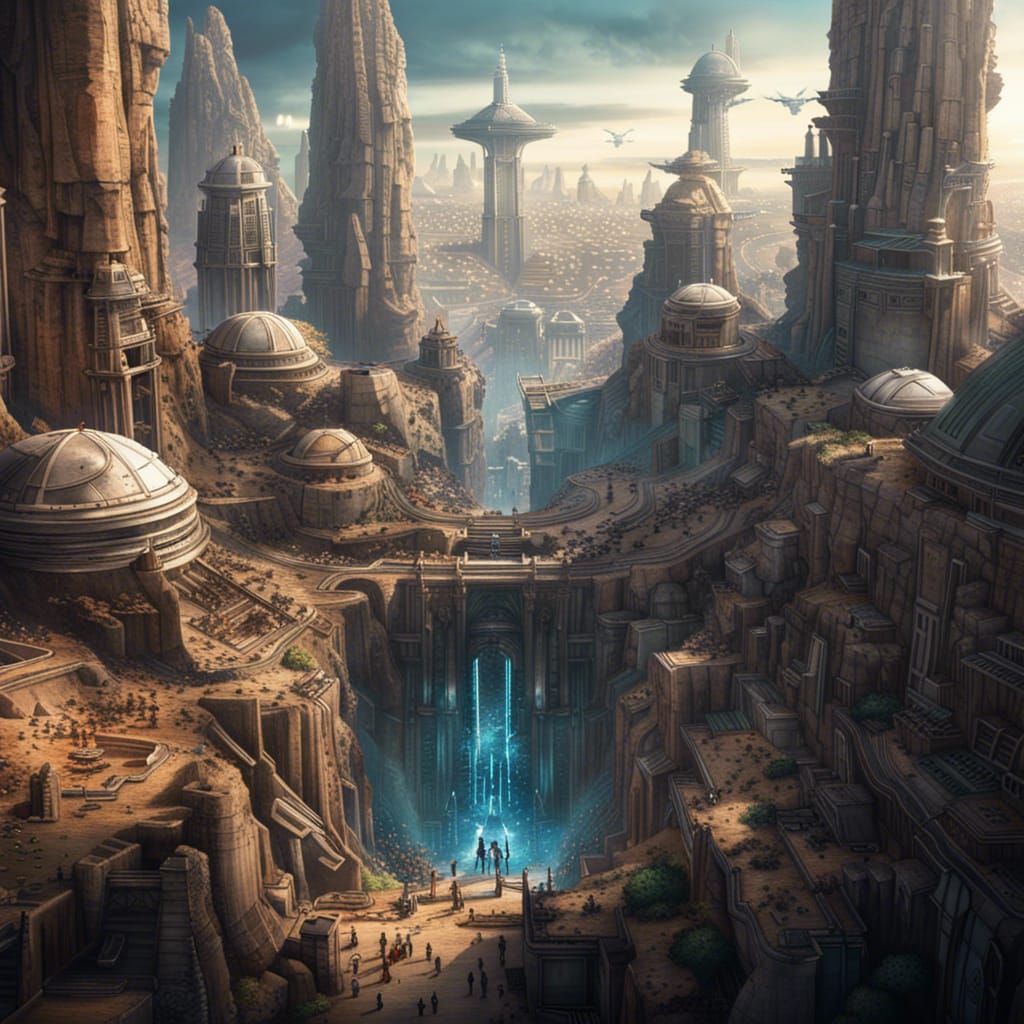 Sci-Fi Cityscape in Crater: Maximalist Digital Matte Paintin...