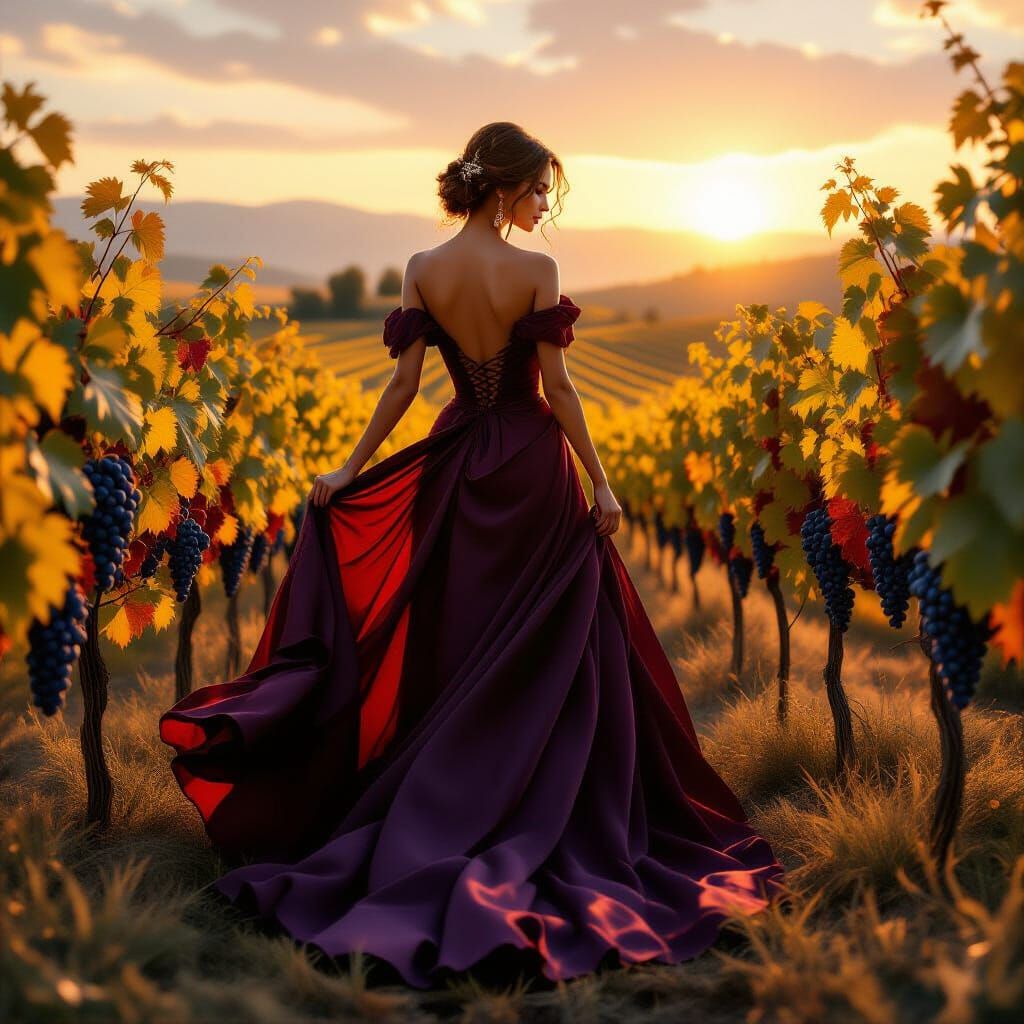 An elegant woman in a floor-length gown inspired by autumn v...