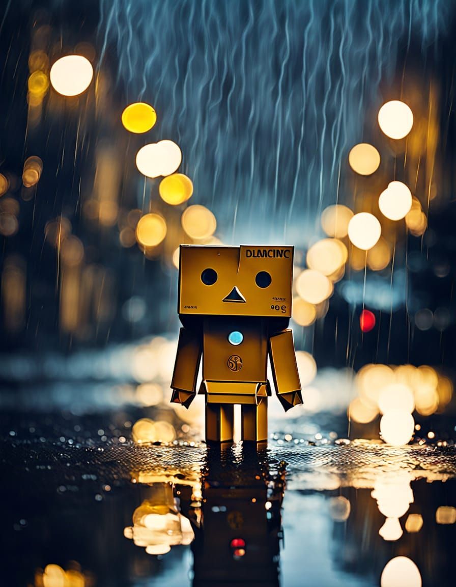 Sad Danbo in Rainy Street, Oil Painting Style