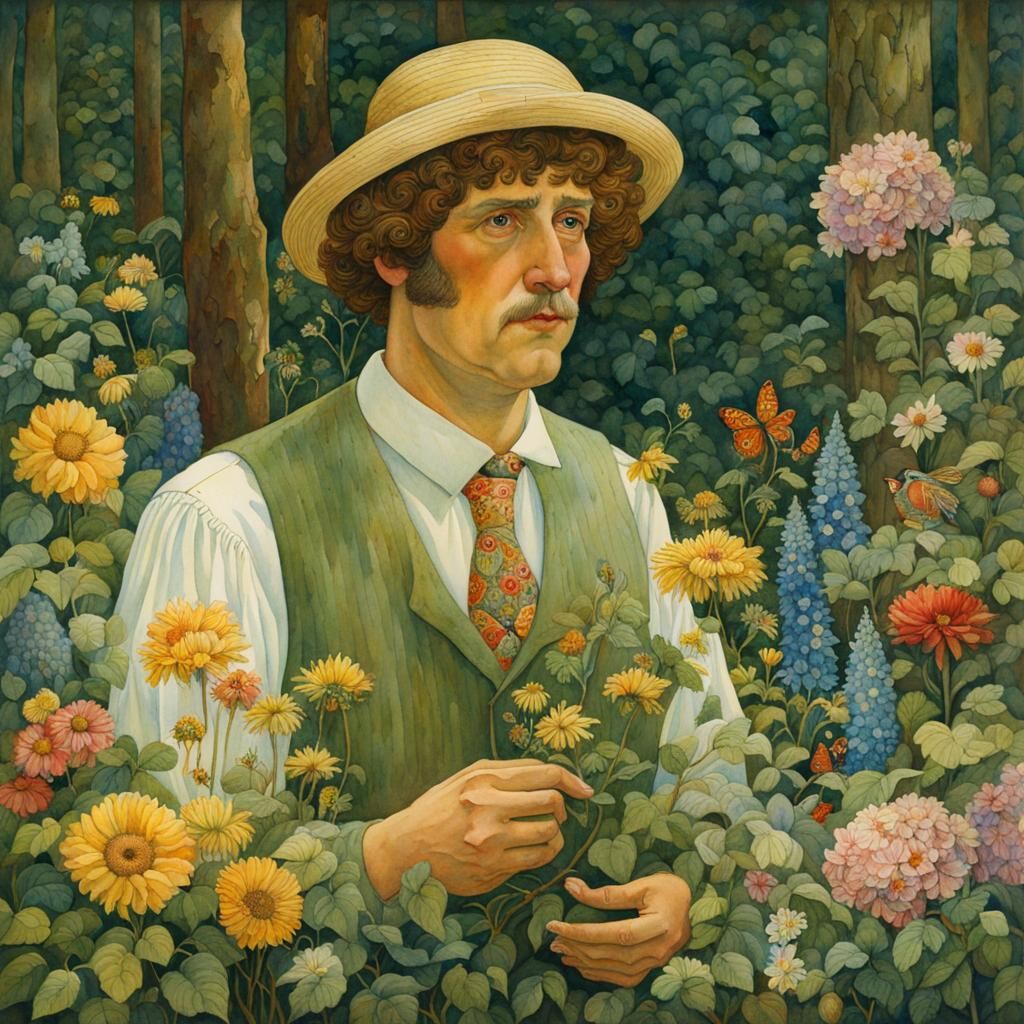 Man Grieves in Forest of Flowers: Watercolor Painting