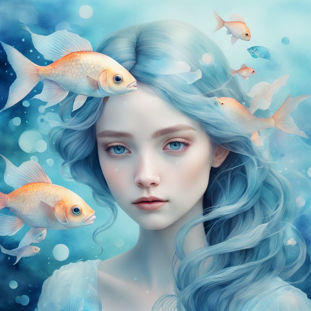 Dreamlike Pisces Woman in Watercolor Style