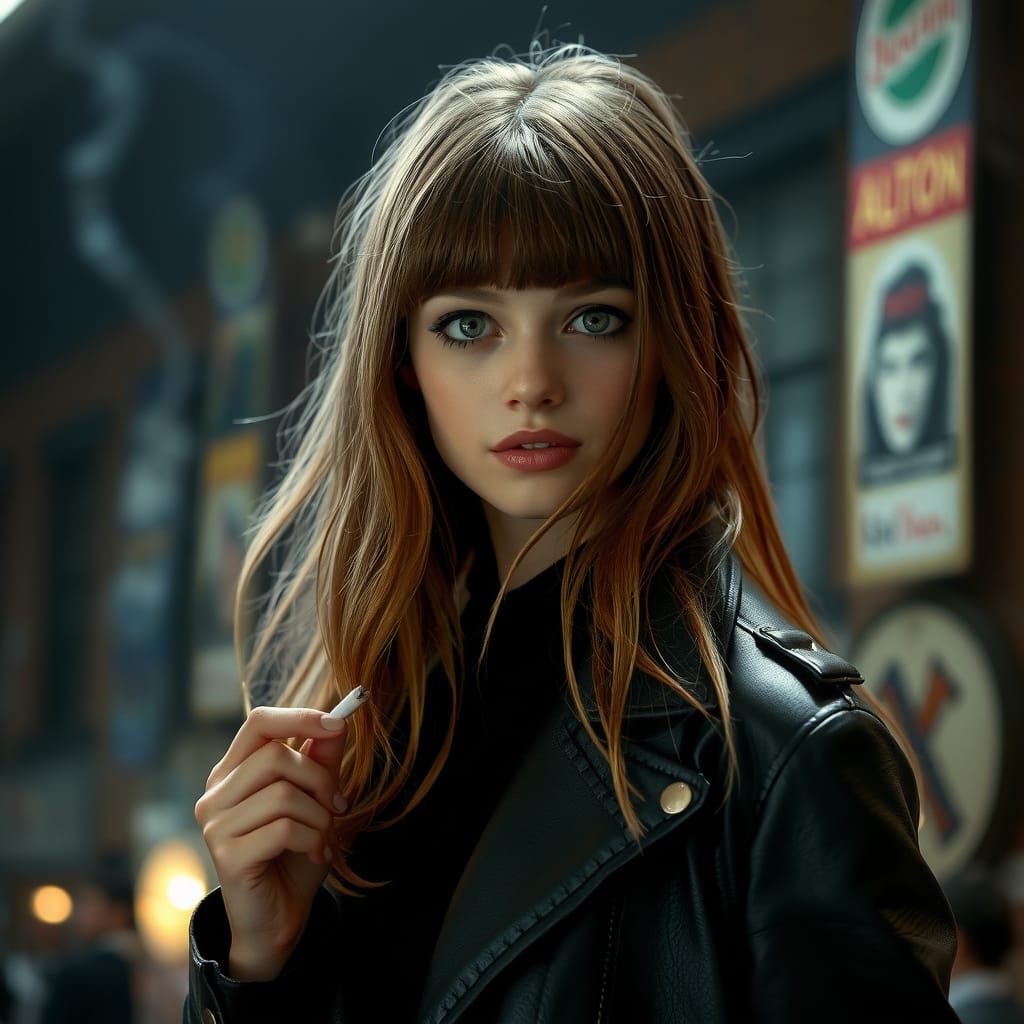 Mysterious Green-Eyed Girl in Leather Attire