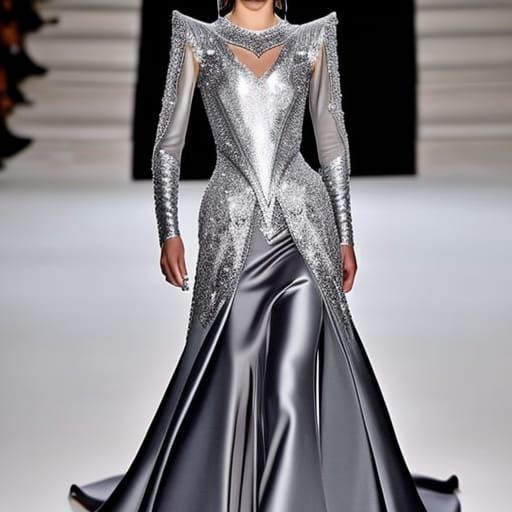 Angelic Silver met gala gothic dress with decorated with pearls& gothic vibes& ethereal vibes& shimmery vibes& luxurious...