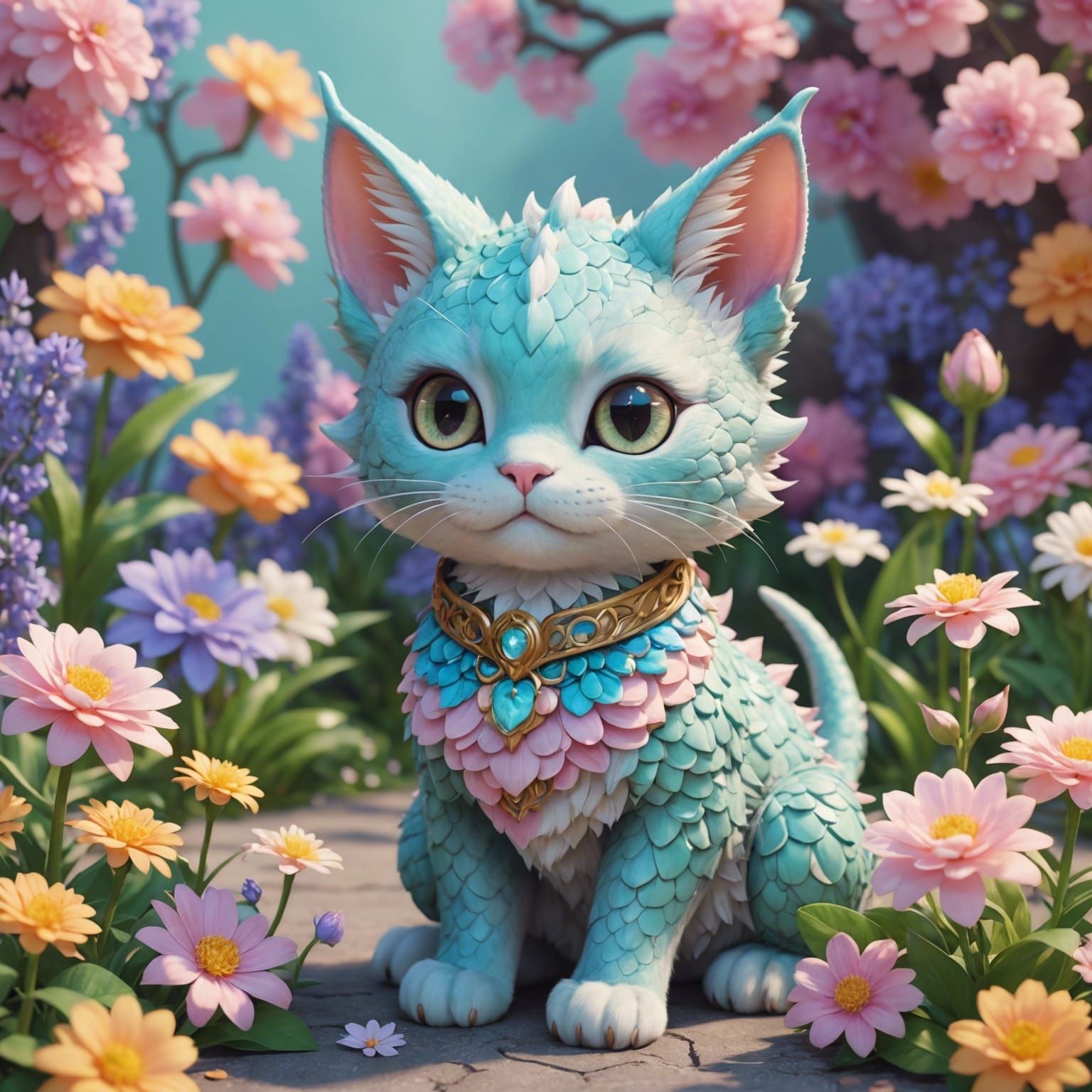 Kawaii Dragon Cat with Flowers in 3D Anime Art