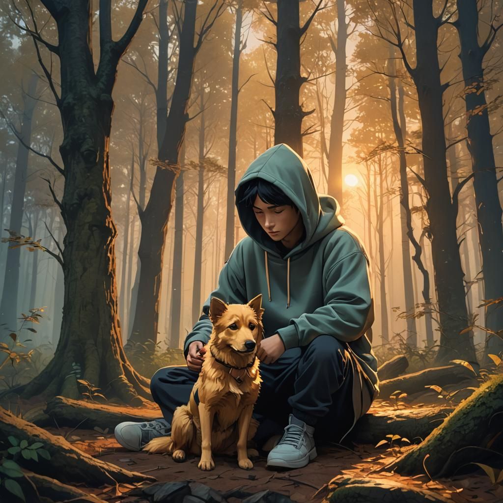 Grieving Dog, Serene Forest in 3D Anime Art