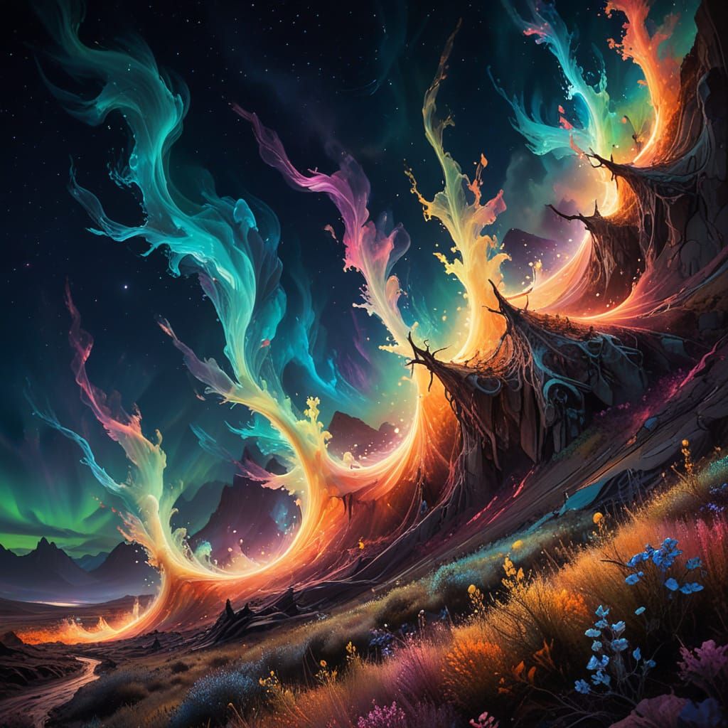Dreamlike Landscape with Shimmering Aurora, Surrealism