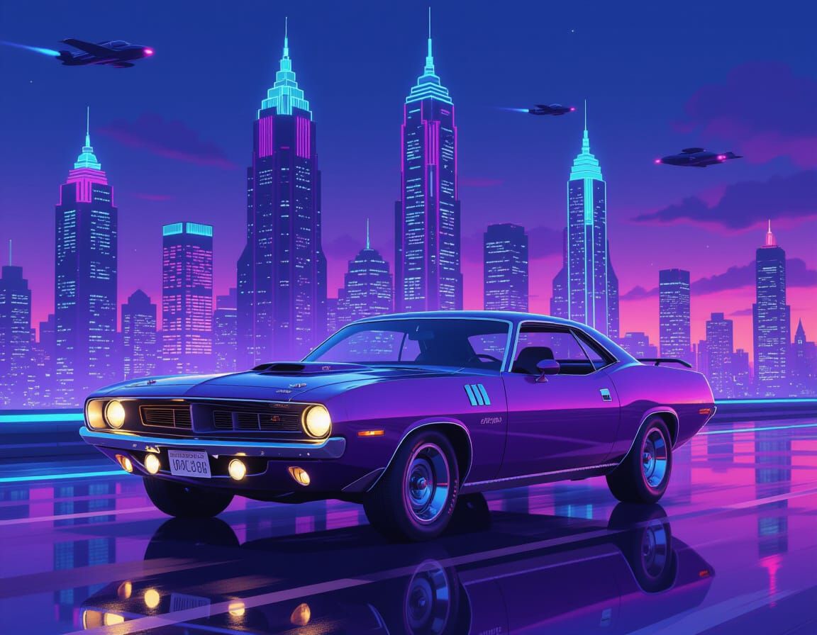 1969 Hemi Cuda in Retrofuturistic Cityscape