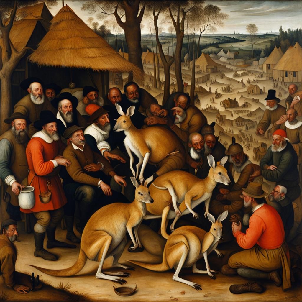 Kangaroo and Villagers in Renaissance Oil Painting