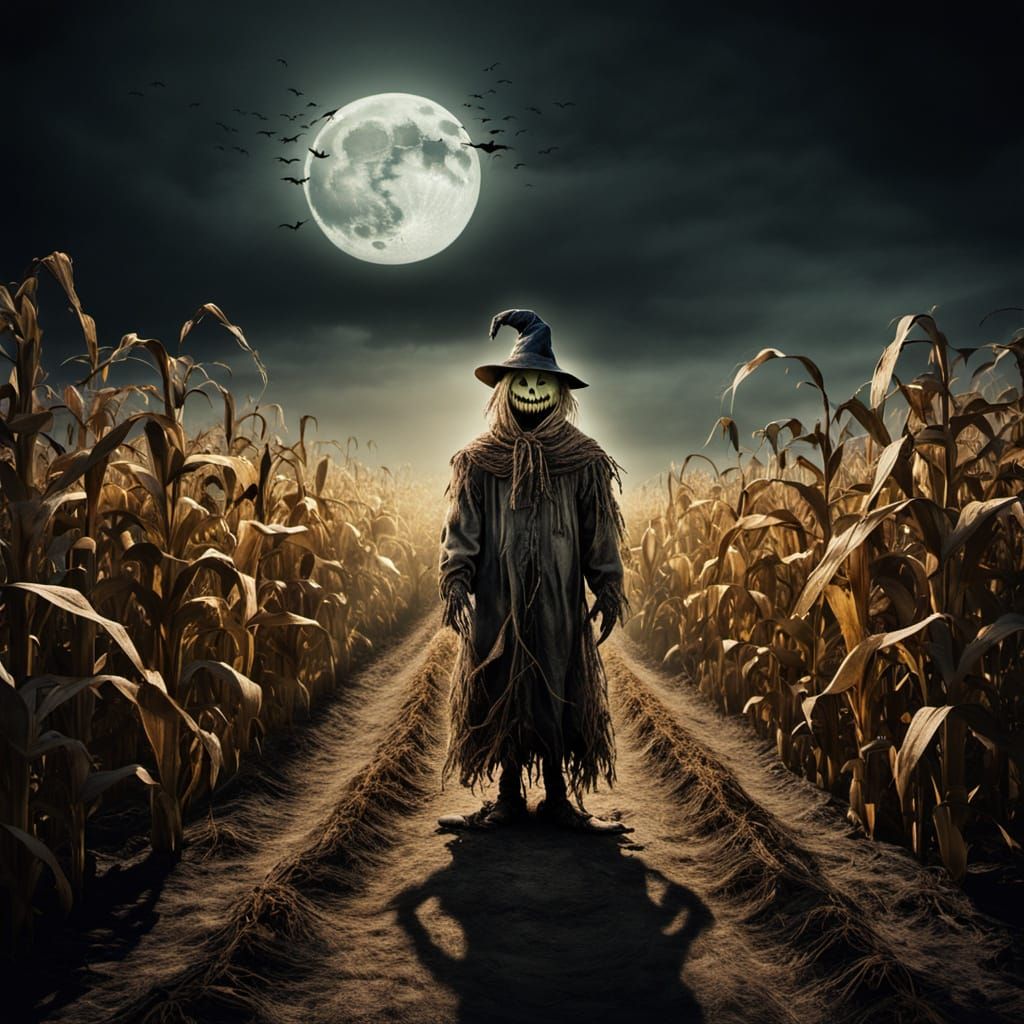 Eerie Scarecrow in Haunted Corn Maze Under Full Moon