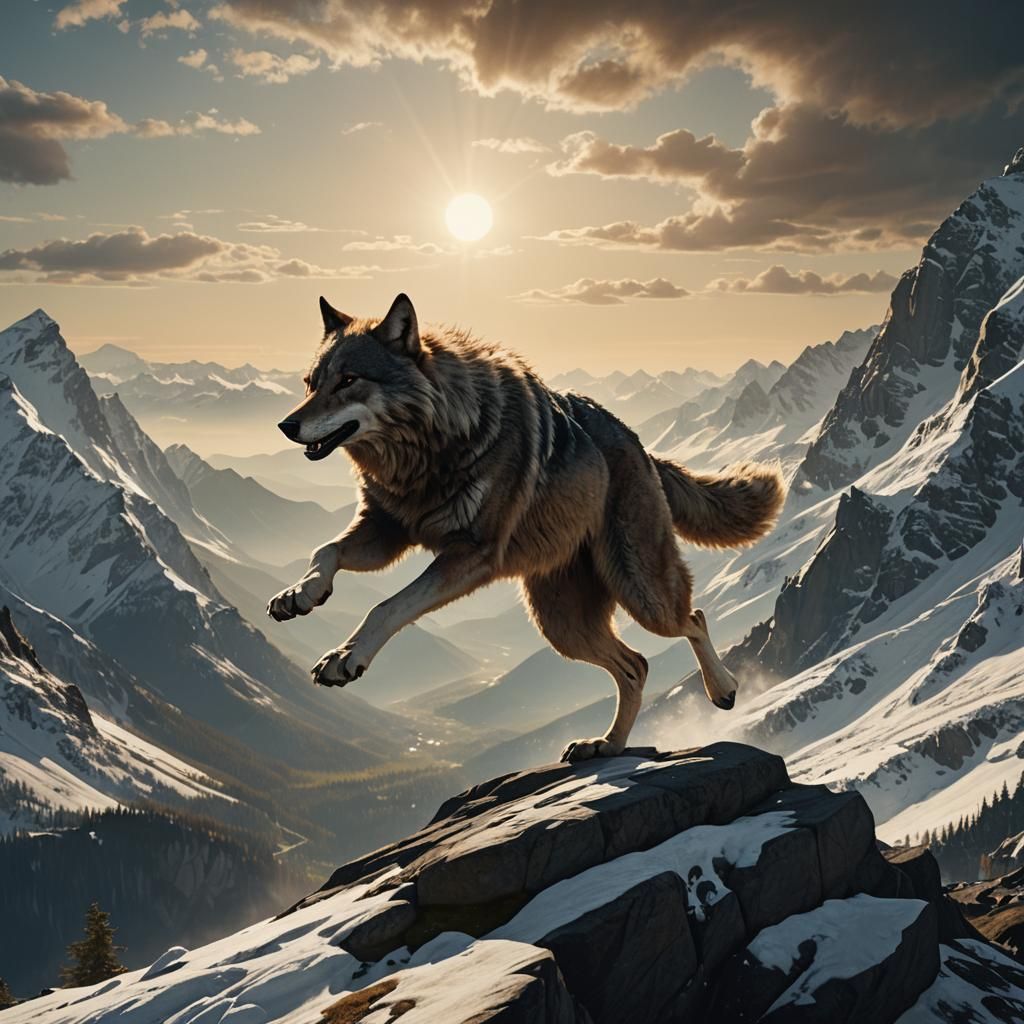 Gigantic Wolf Leaping Over Mountains in Dreamlike Style