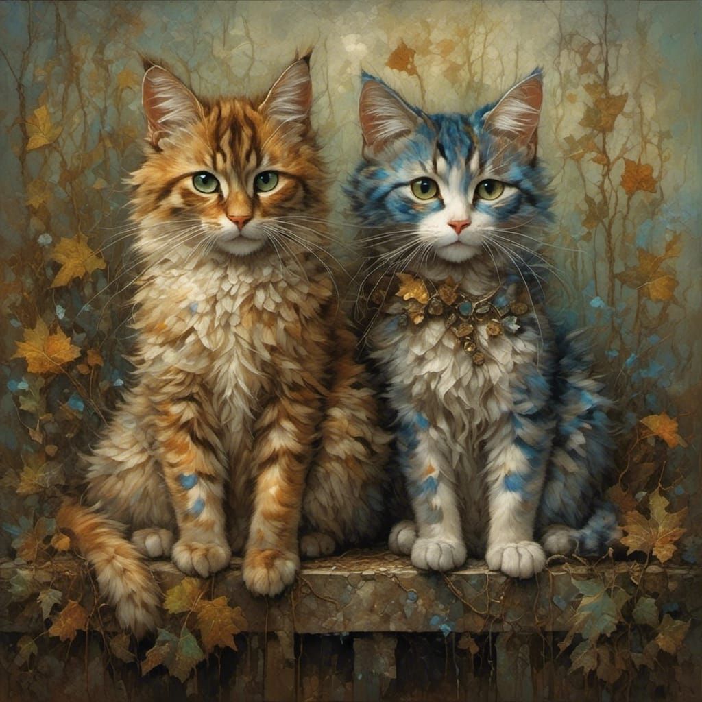 Three Cats Portrait in Somber Art Brut Style