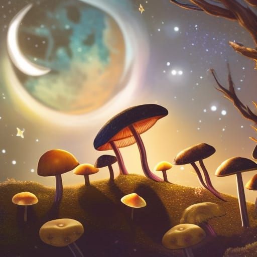 Magical Mushrooms Under a Starry Sky