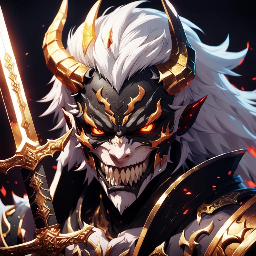 Anime Demon with Two-Tone Sword in Dark Fantasy Style