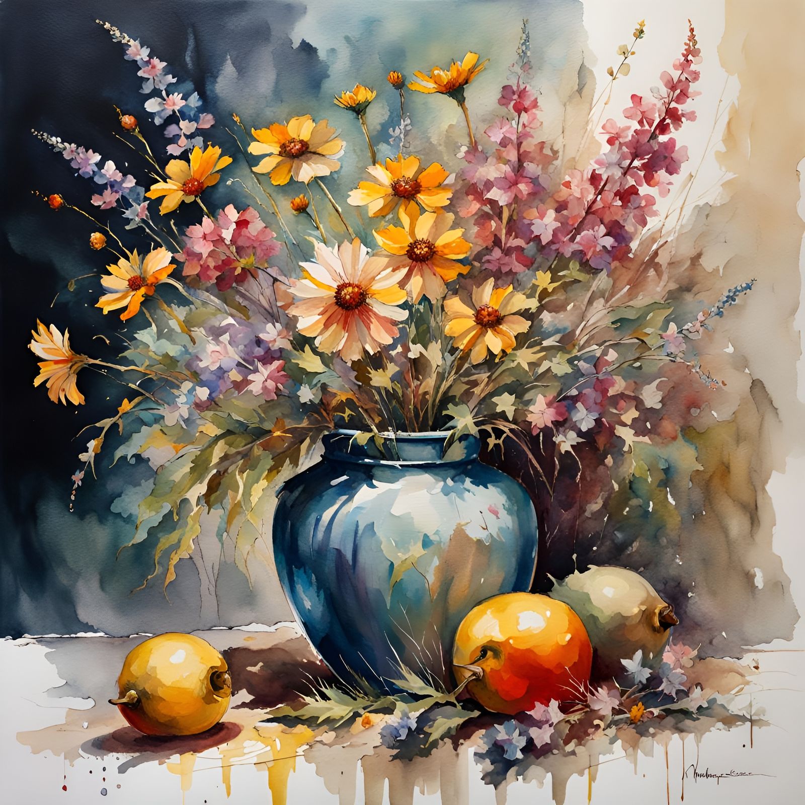 Abstract Wildflowers in Vase: Textured Watercolor Painting