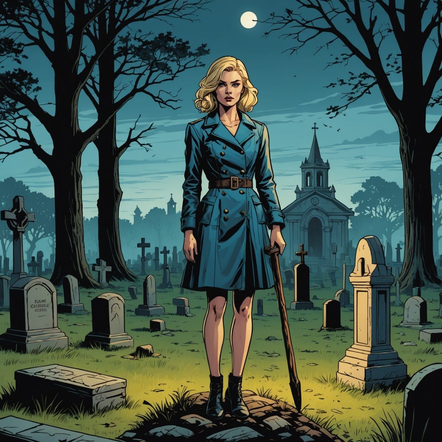 Blonde Woman in Cemetery: Comic Book Art